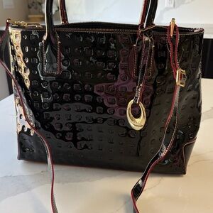 Arcadia Black Patent Tote with Red Trim and Gold Hardware